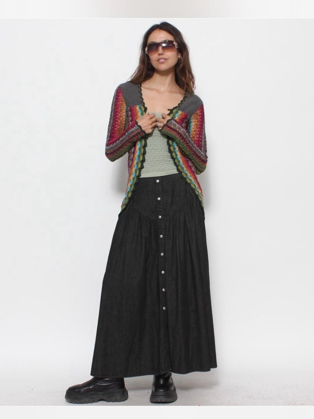 Forever 21 Multicolor Crochet-Back Knit Cardigan with Charcoal Yoke - Picture 2 of 8